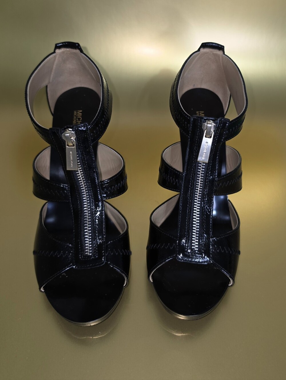 Michael Kors Black Patent Leather Zip Front Sandals